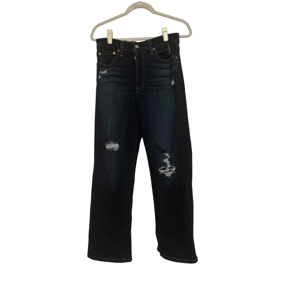 Levis Ribcage Straight Ankle Jeans Dark Wash Distressed Button Fly W28 L27 90s
